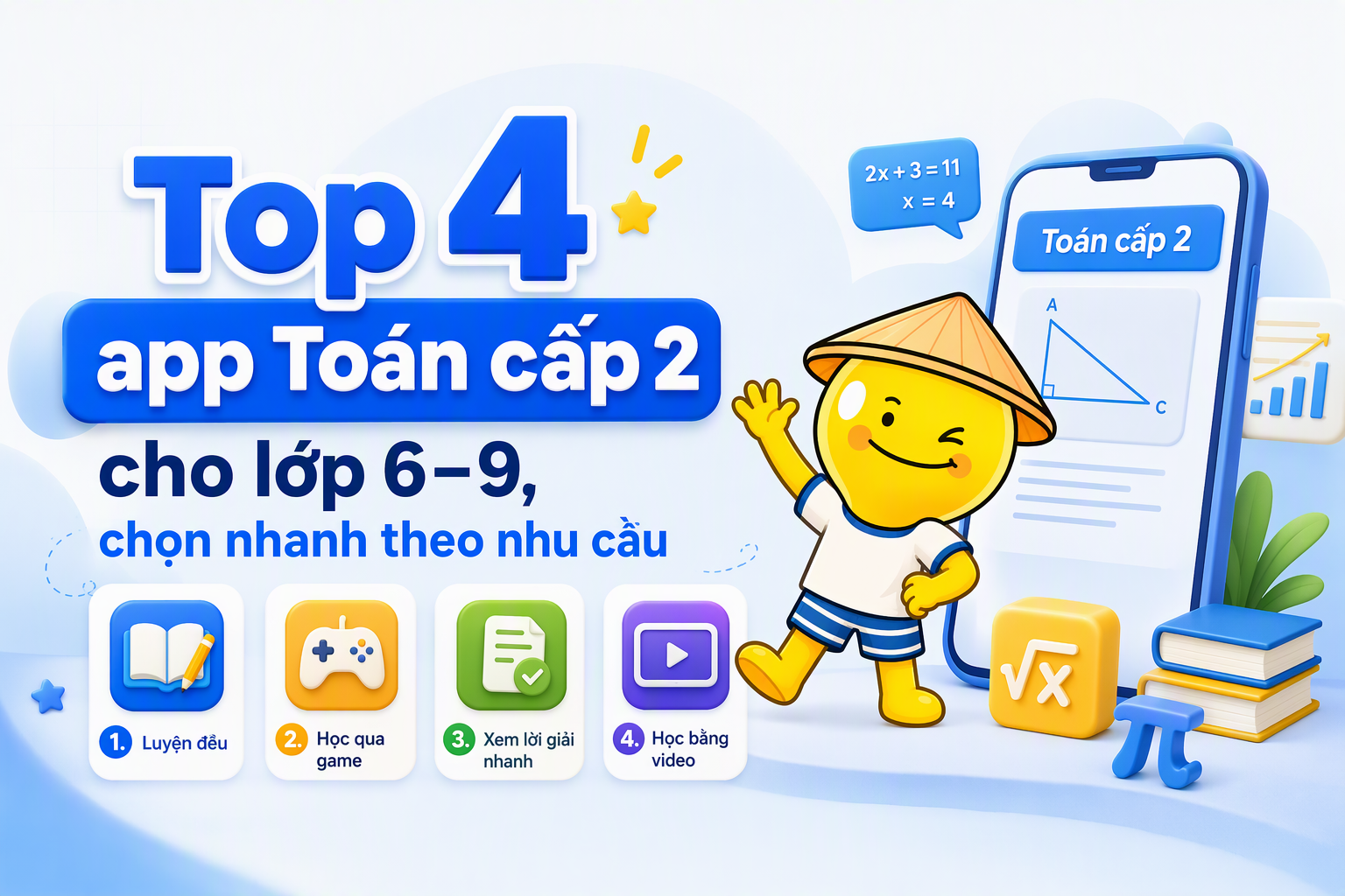 So sánh top 4 app Toán cấp 2 theo nhu cầu luyện đều, lời giải, video