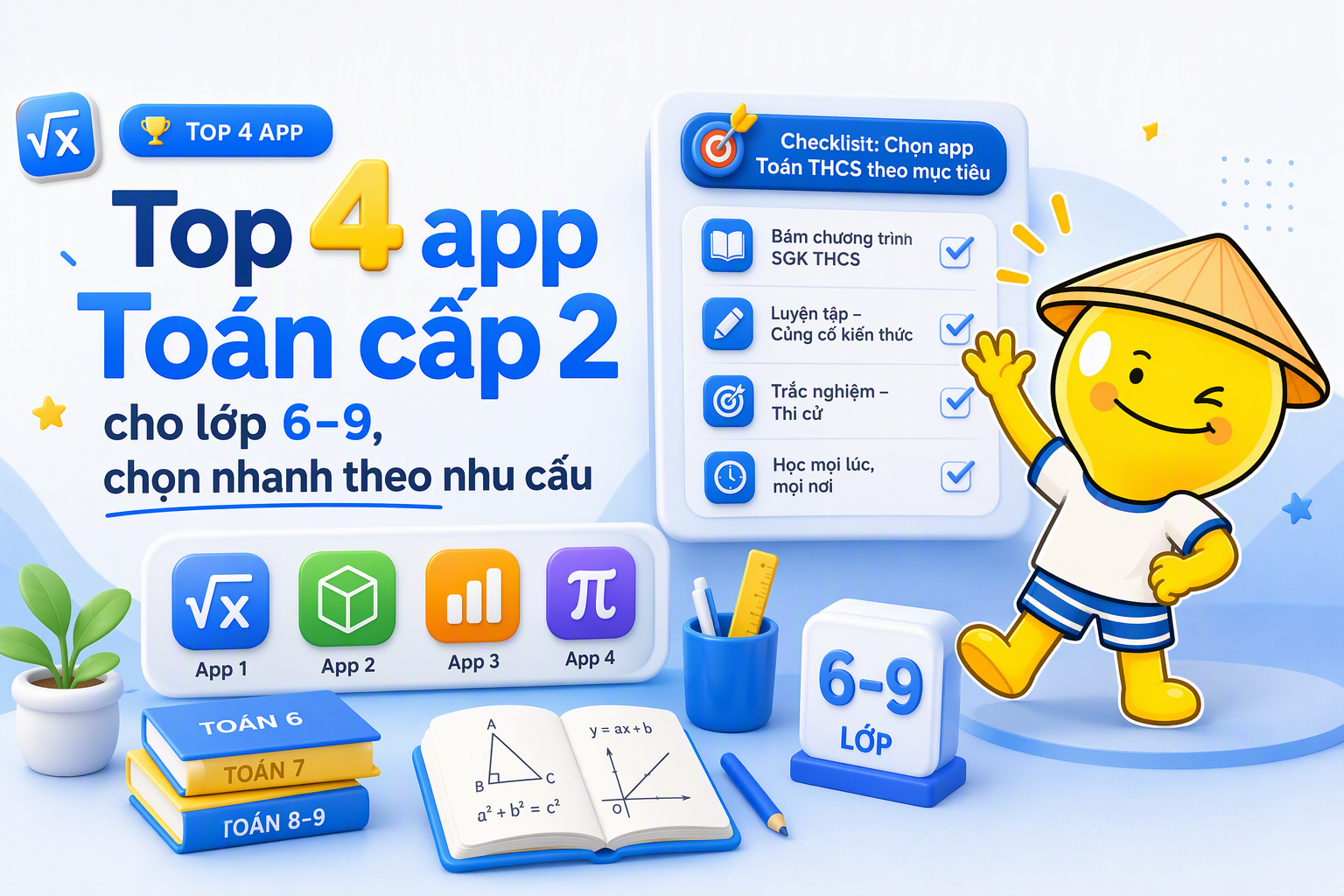 Bảng tiêu chí chọn top 4 app Toán cấp 2 cho lớp 6–9