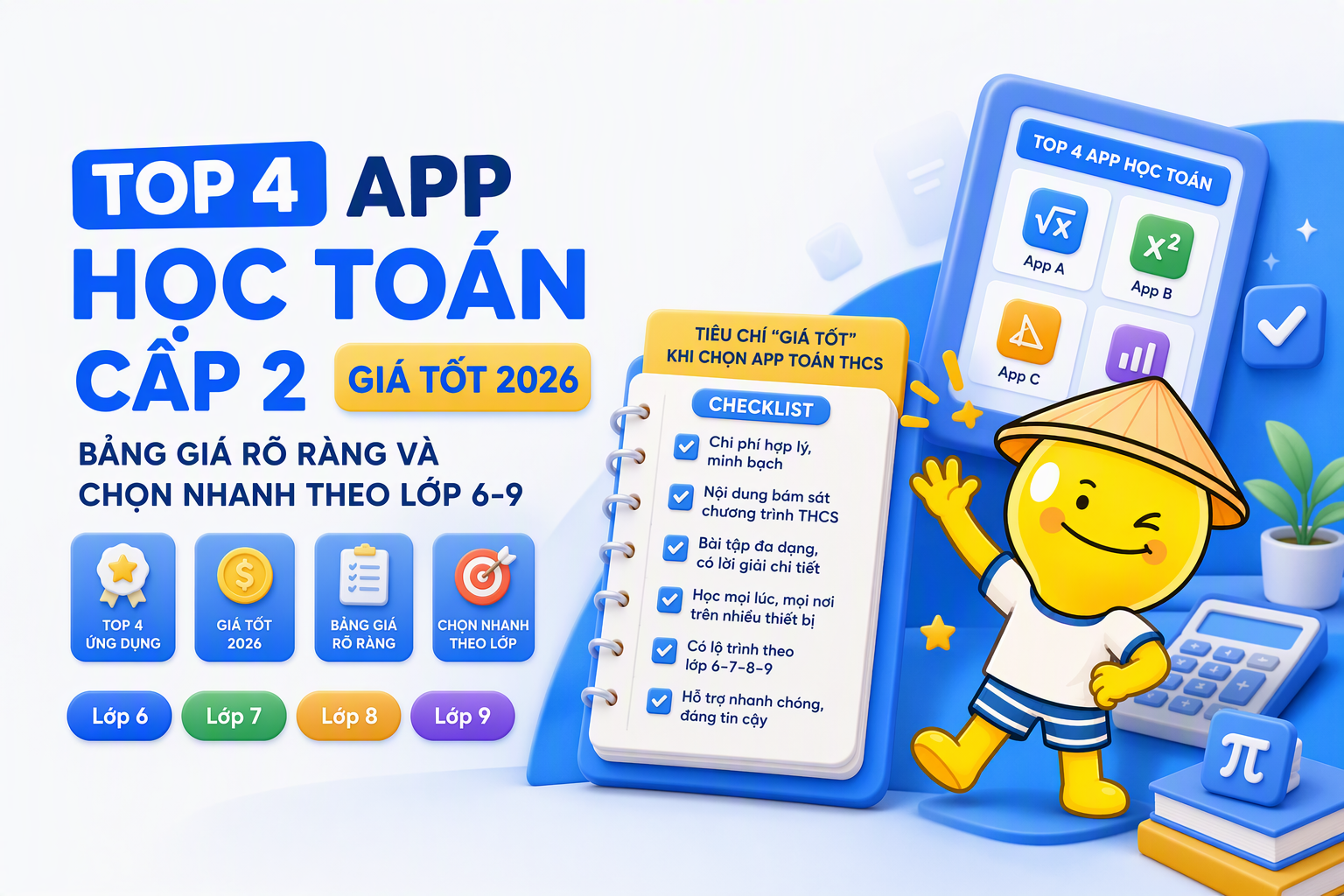 Bảng tiêu chí chọn top 4 app học Toán cấp 2 giá tốt cho lớp 6-9