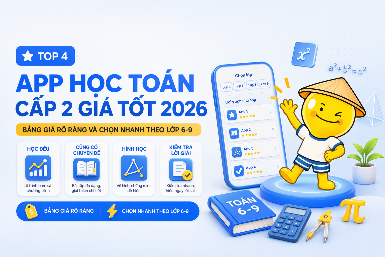 Ma trận chọn top 4 app học Toán cấp 2 giá tốt theo nhu cầu học