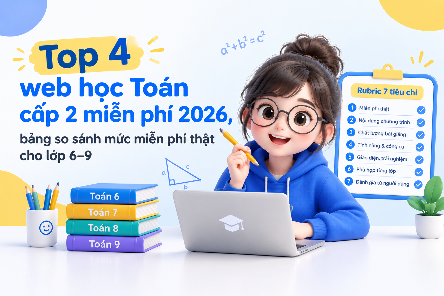 Bảng tiêu chí chọn top 4 web học Toán cấp 2 miễn phí cho lớp 6–9
