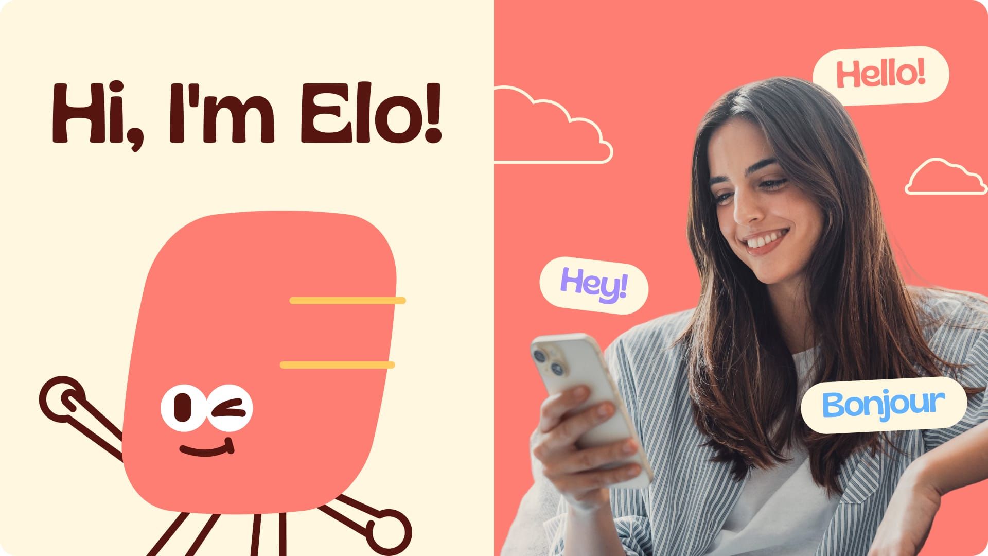 Elo app mascot, a coral rounded character winking and waving