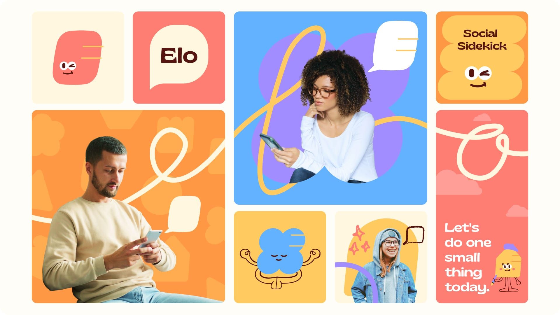Elo mascot family illustration system showing coral, blue, and yellow characters