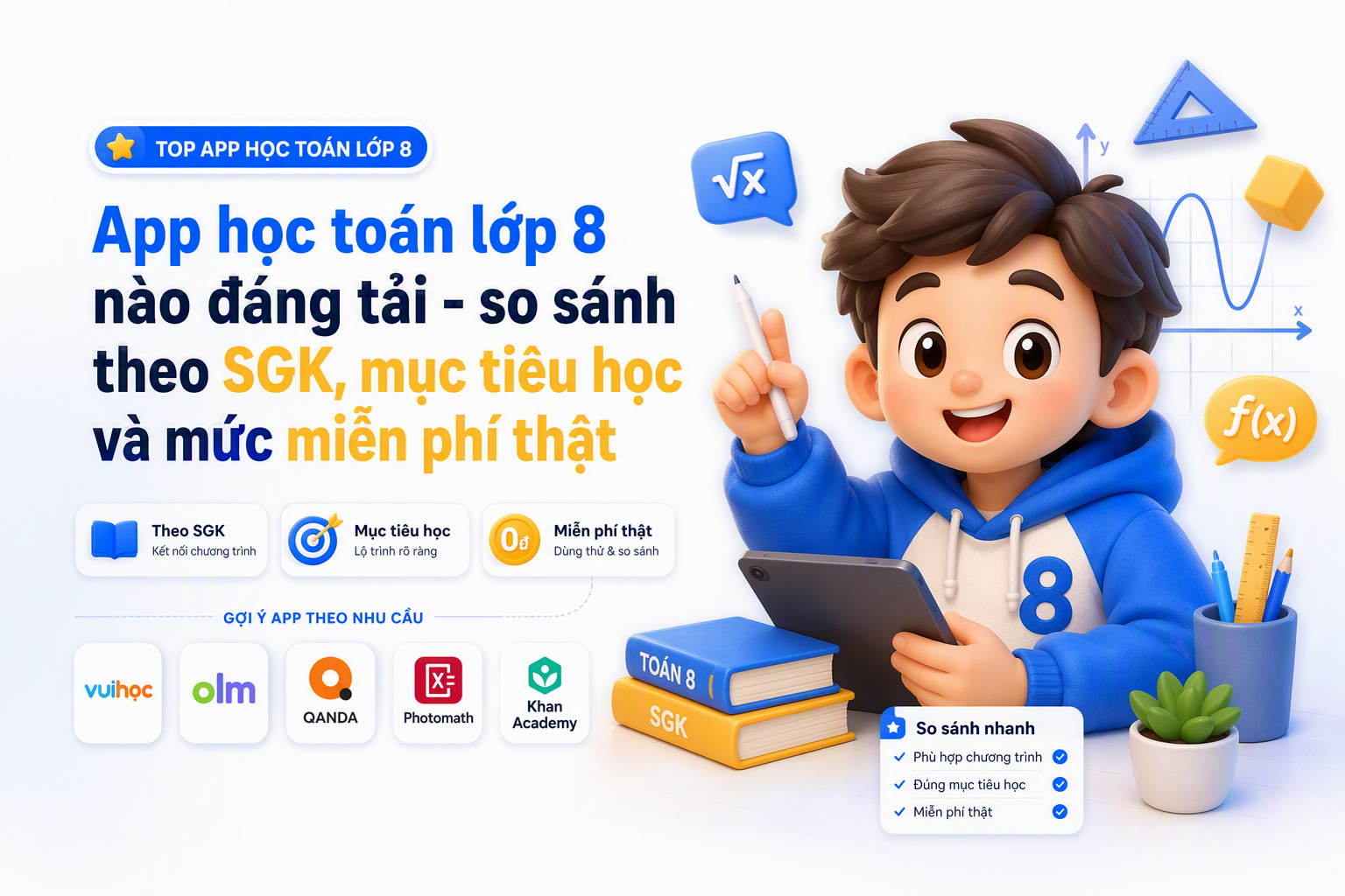 Bảng gợi ý nhóm app học toán lớp 8 theo nhu cầu phổ biến