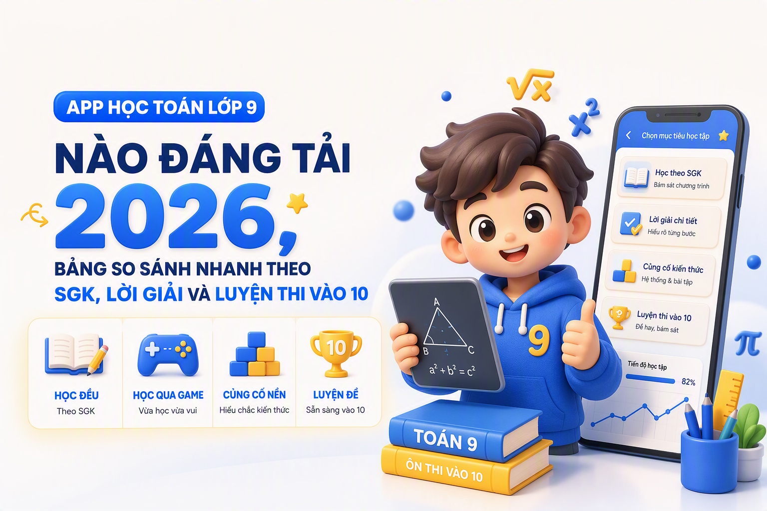 Bảng so sánh nhanh các app học toán lớp 9 theo nhu cầu ôn học kì và luyện thi