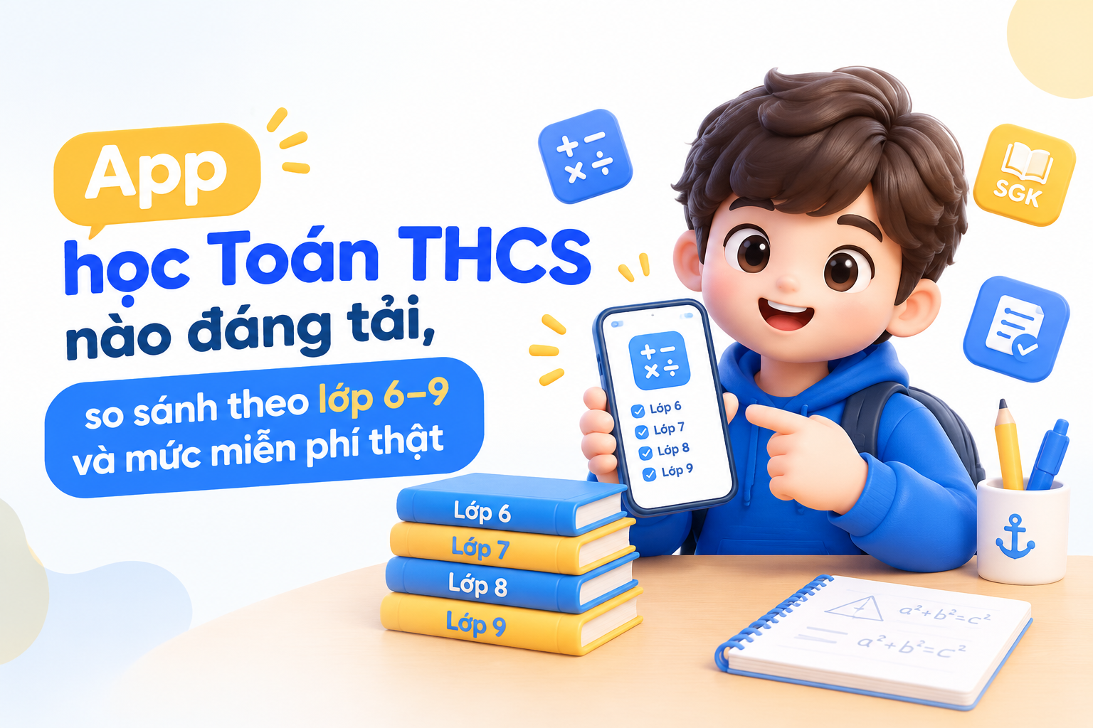 So sánh app học Toán THCS theo nhu cầu luyện đều, SGK, luyện đề