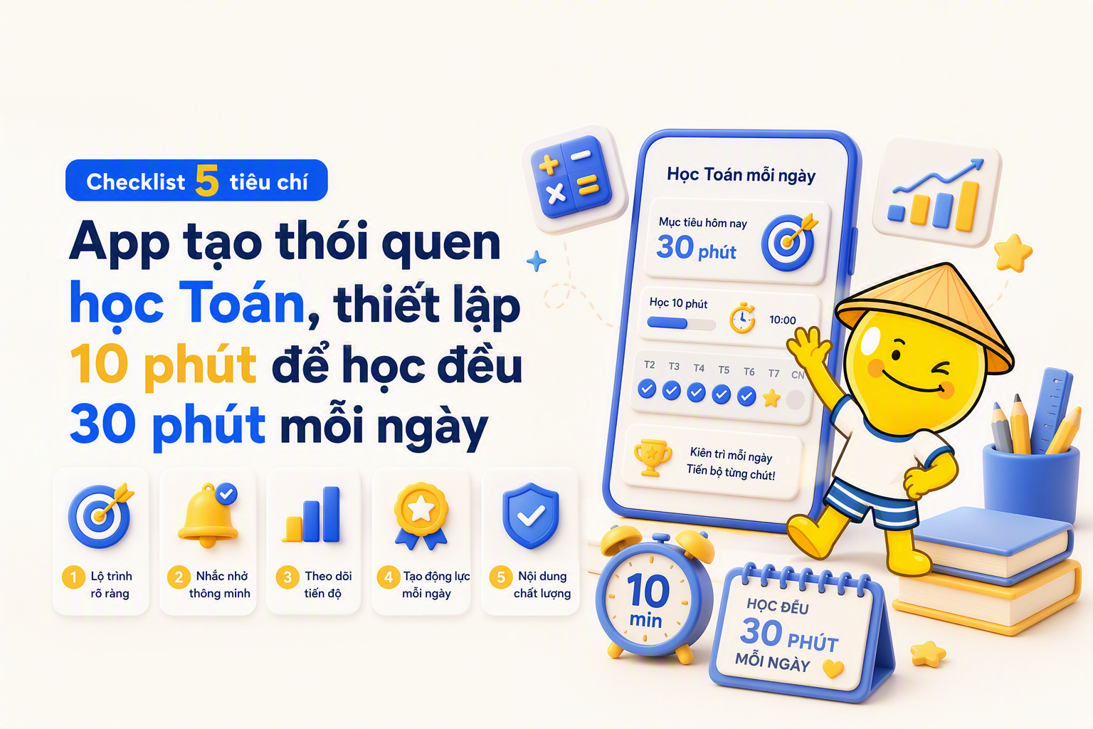 Checklist chọn app tạo thói quen học Toán theo 5 tiêu chí