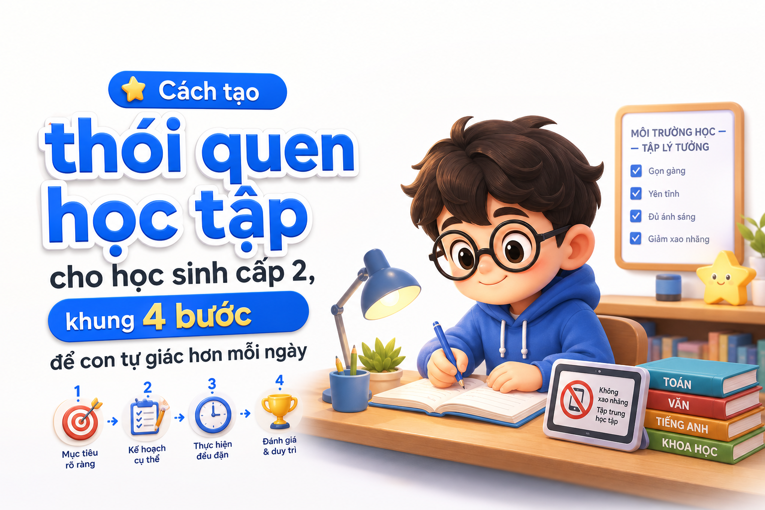 Góc học tập gọn gàng giúp học sinh cấp 2 dễ vào nhịp học mỗi ngày