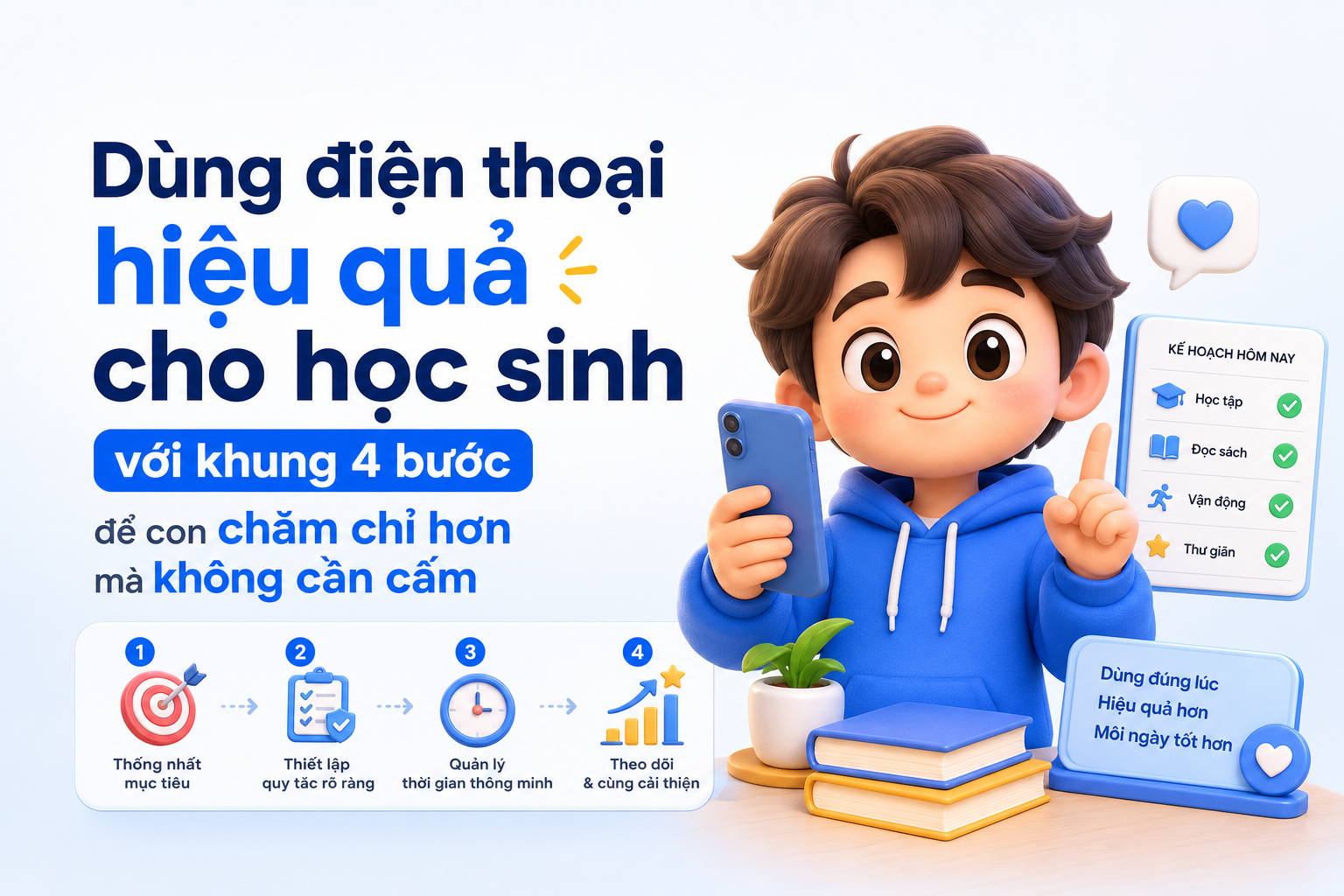 Khung 4 bước dùng điện thoại hiệu quả cho học sinh tại nhà
