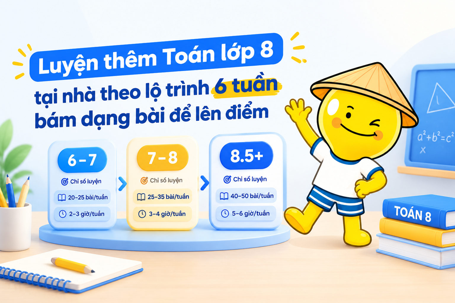 Bảng mục tiêu luyện thêm Toán lớp 8 theo 3 kịch bản điểm số