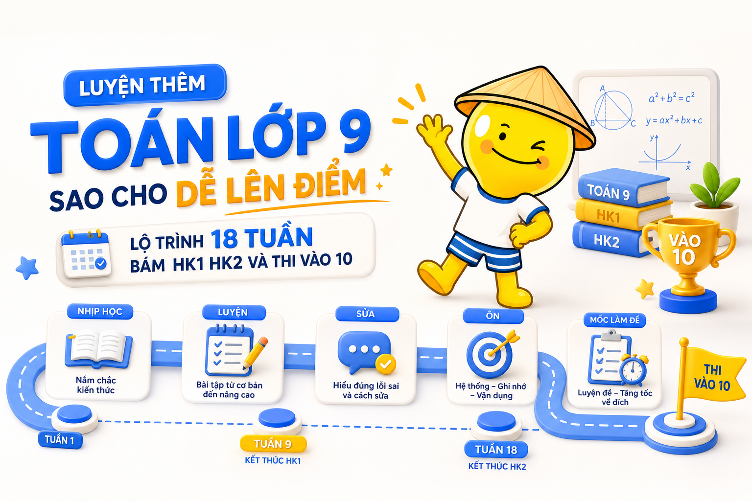 Lộ trình 18 tuần luyện thêm Toán lớp 9 bám HK1 HK2