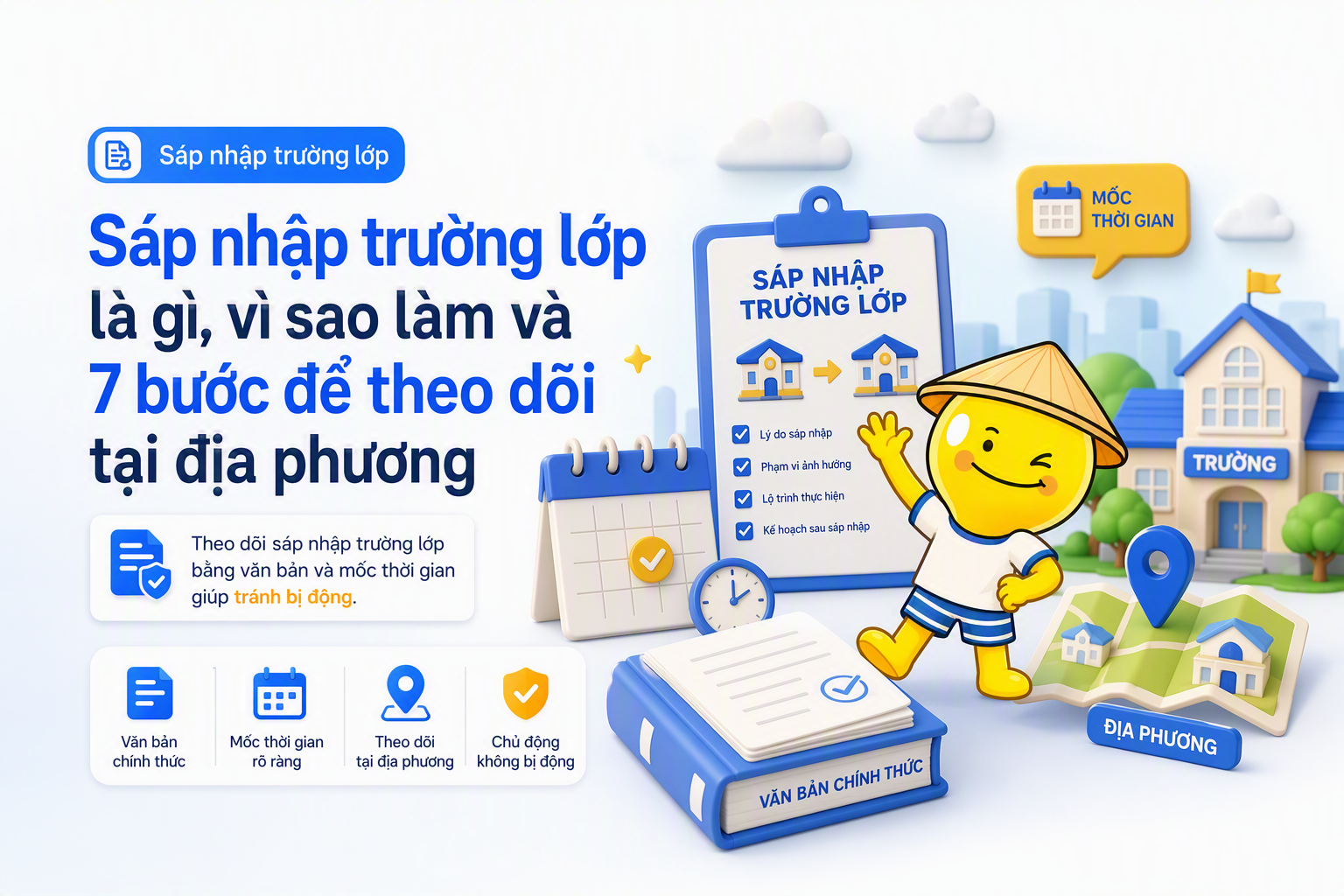 Minh họa phụ huynh theo dõi thông tin sáp nhập trường lớp từ nguồn chính thức