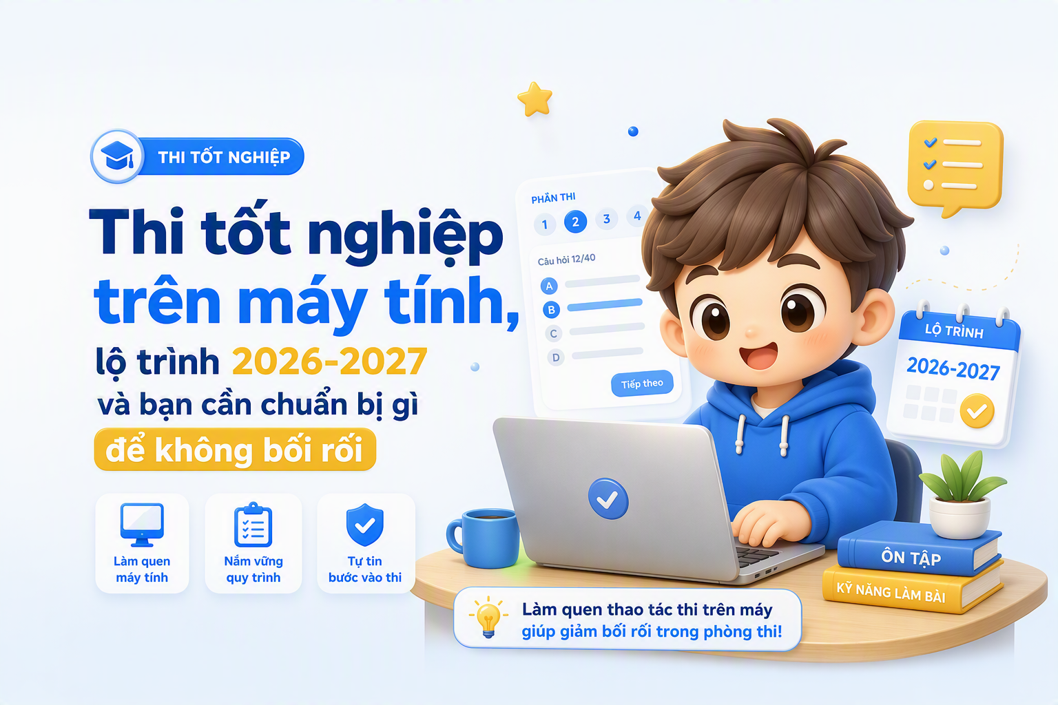 Minh họa học sinh làm bài thi tốt nghiệp trên máy tính tại phòng thi