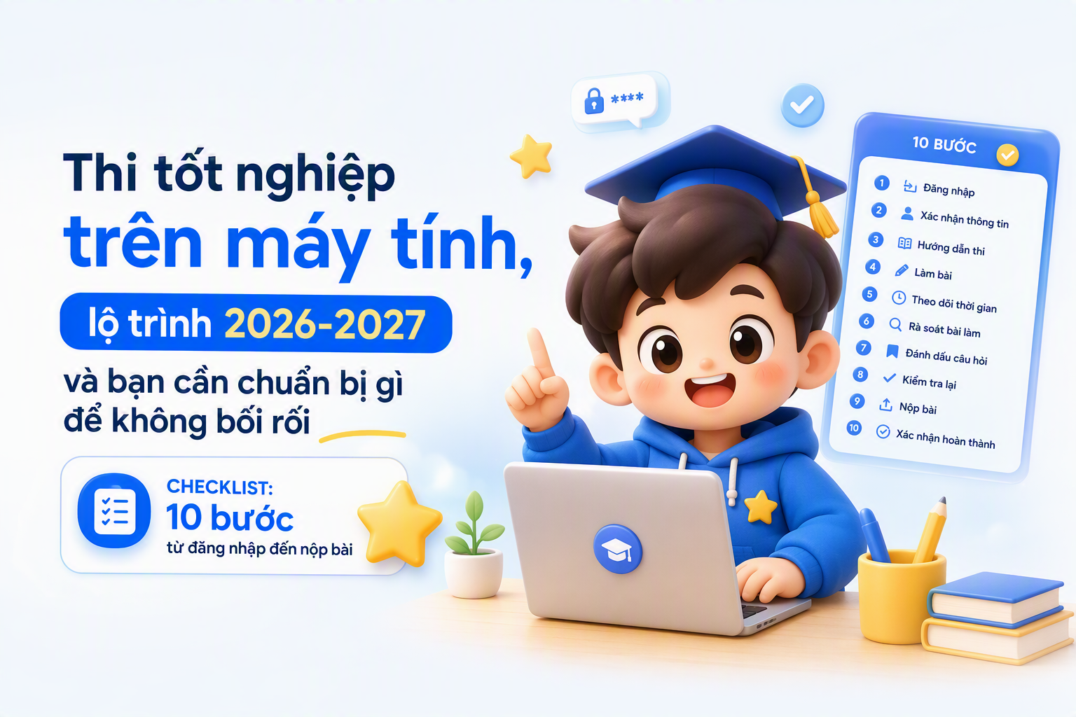 Checklist các bước đăng nhập làm bài và nộp bài khi thi tốt nghiệp trên máy tính
