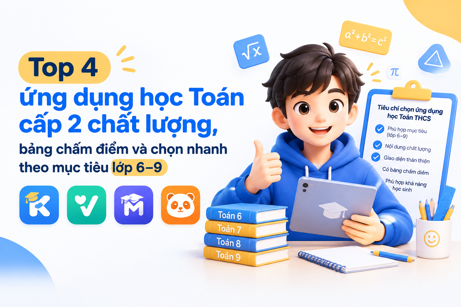 Bảng tiêu chí chọn top 4 ứng dụng học Toán cấp 2 chất lượng cho lớp 6–9
