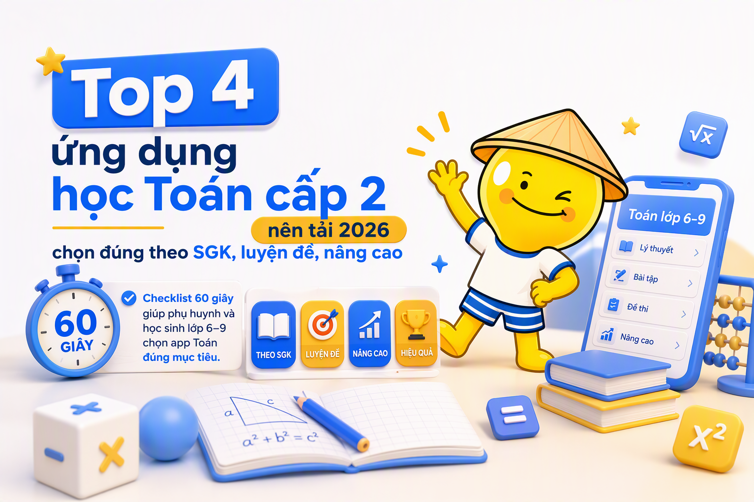 Checklist chọn top 4 ứng dụng học Toán cấp 2 theo nhu cầu lớp 6-9