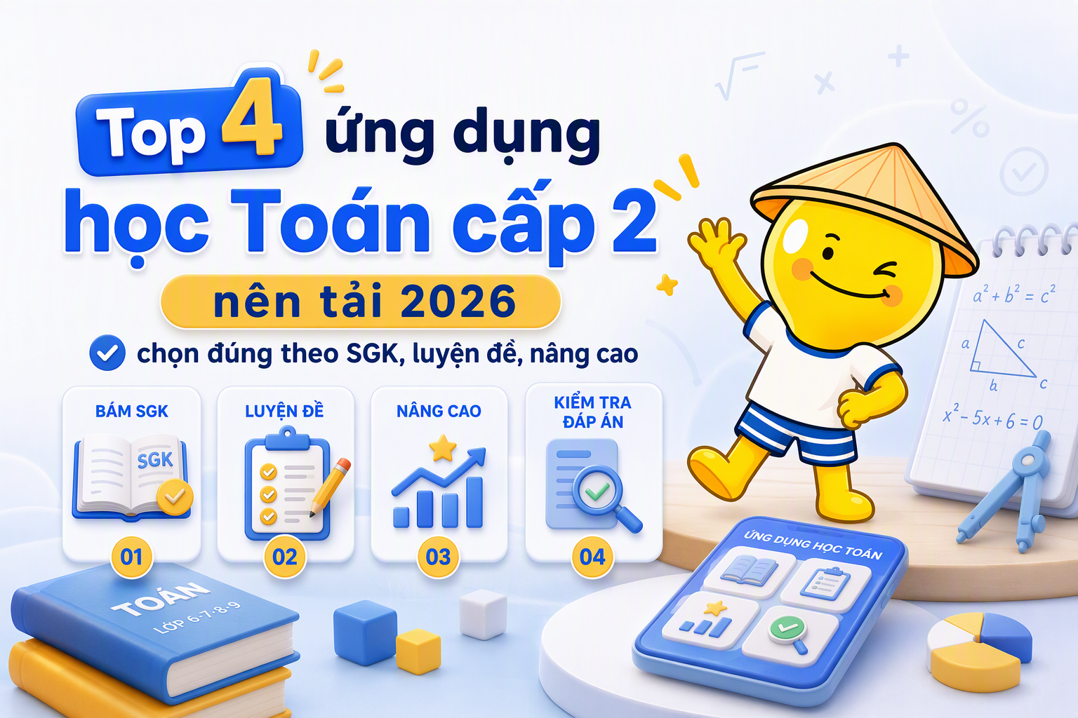 Bảng so sánh nhanh top 4 ứng dụng học Toán cấp 2 theo mục tiêu