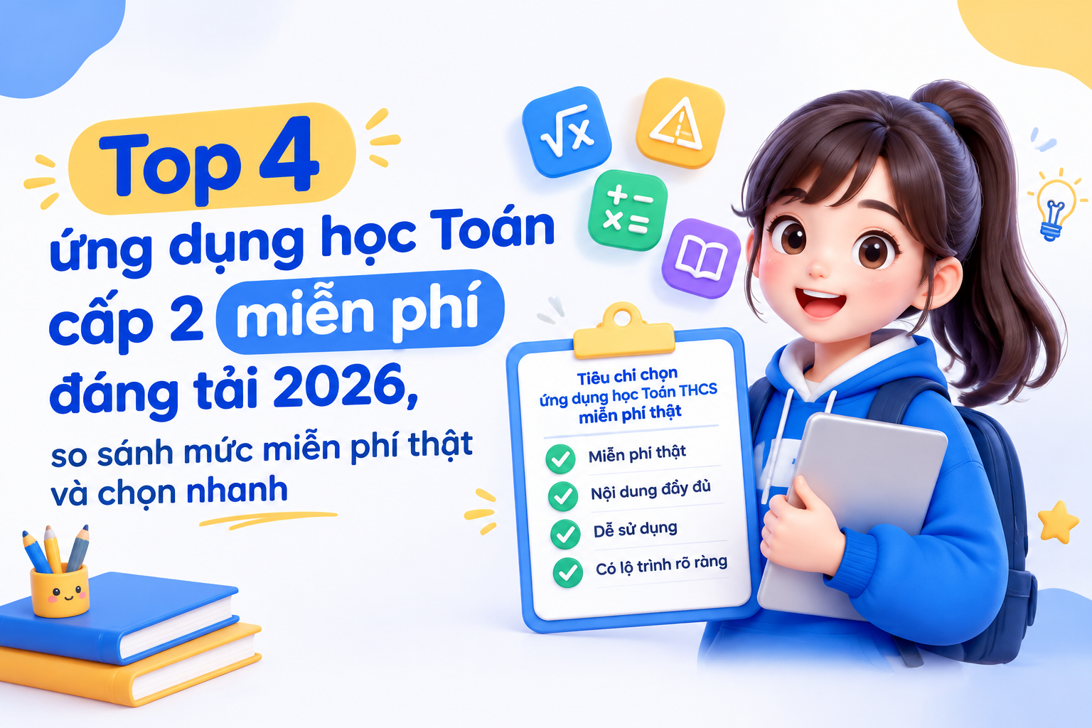 Bảng tiêu chí chọn top 4 ứng dụng học Toán cấp 2 miễn phí cho lớp 6-9