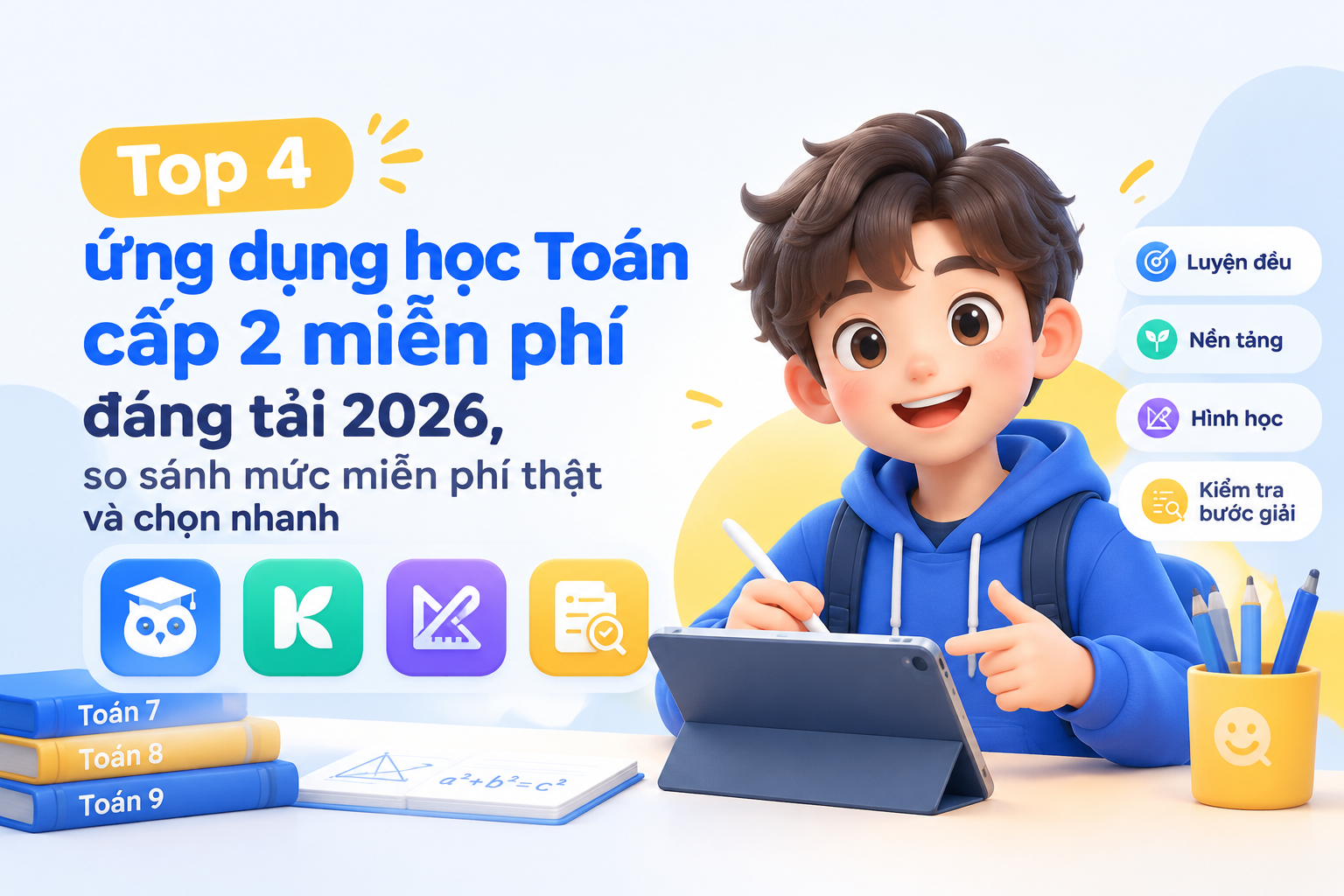 So sánh nhanh top 4 ứng dụng học Toán cấp 2 miễn phí theo nhu cầu