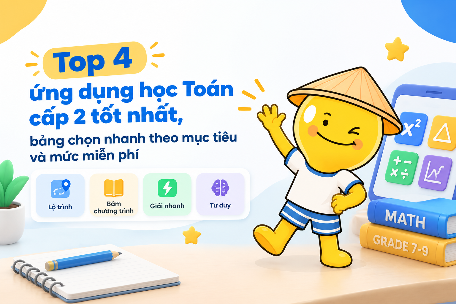 Bảng chốt nhanh top 4 ứng dụng học Toán cấp 2 tốt nhất theo mục tiêu