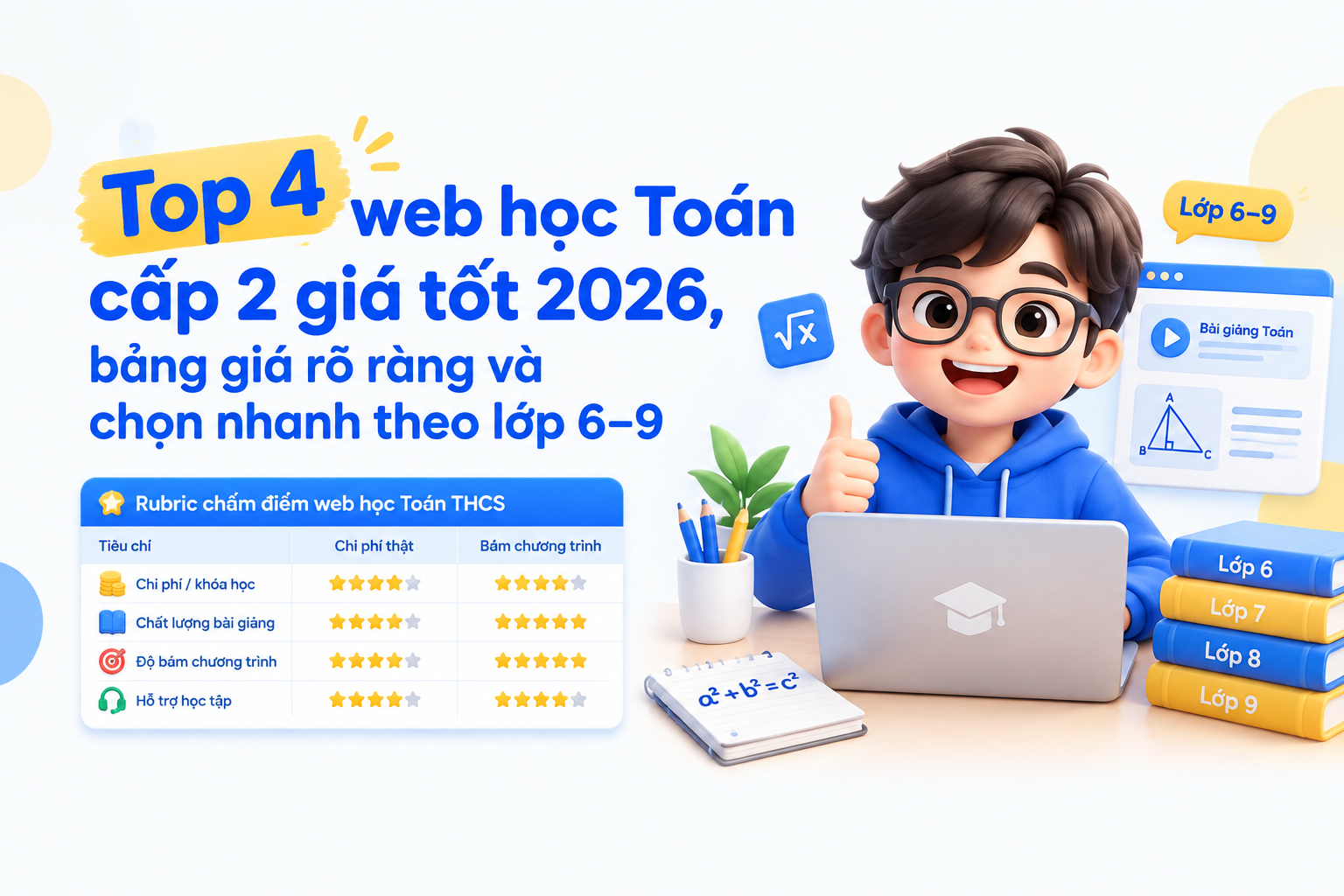 Bảng tiêu chí chọn top 4 web học Toán cấp 2 giá tốt cho lớp 6-9