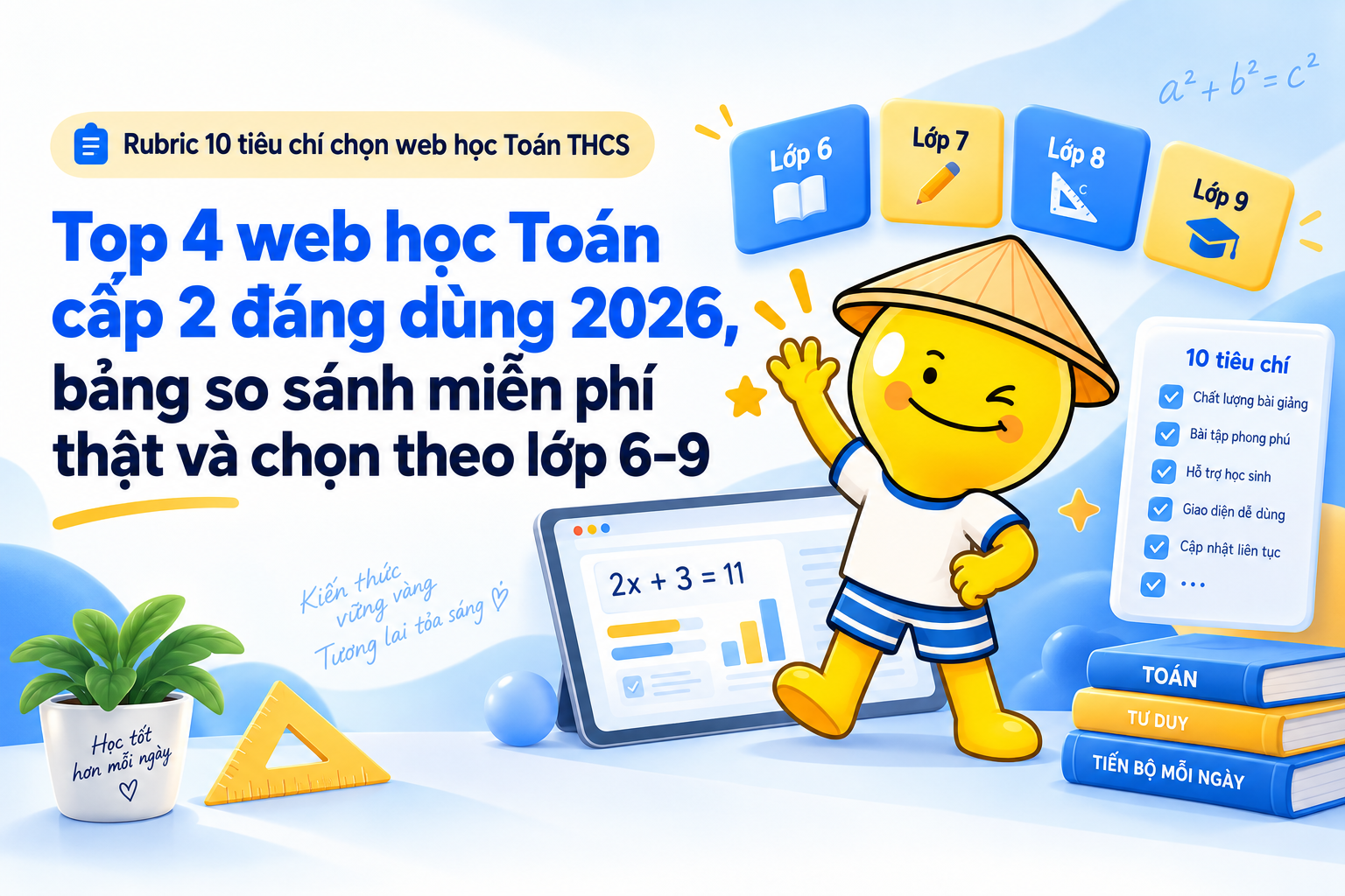 Bảng tiêu chí chọn top 4 web học Toán cấp 2 cho lớp 6–9