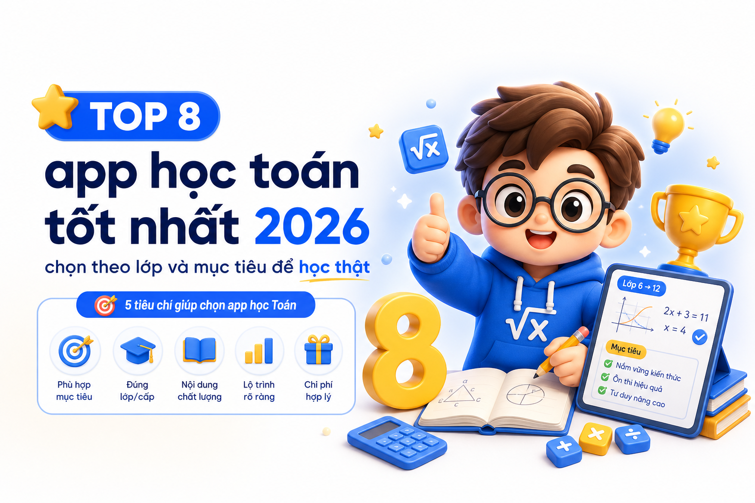 Bảng tiêu chí chọn top 8 app học toán tốt nhất theo mục tiêu và lớp